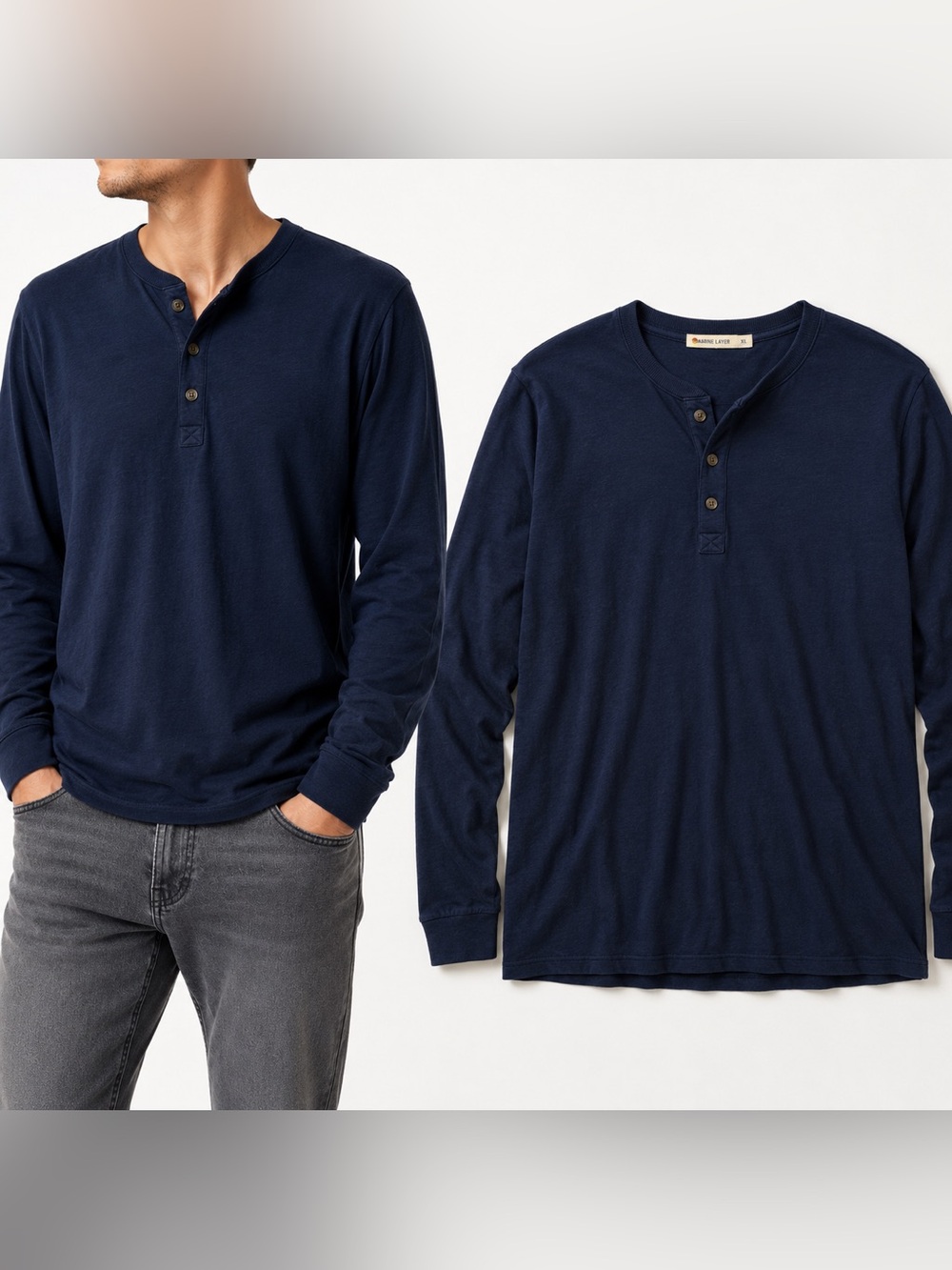 Marine Layer Long Sleeve Henley Shirt Navy Blue XL Soft Cotton Modal Men's